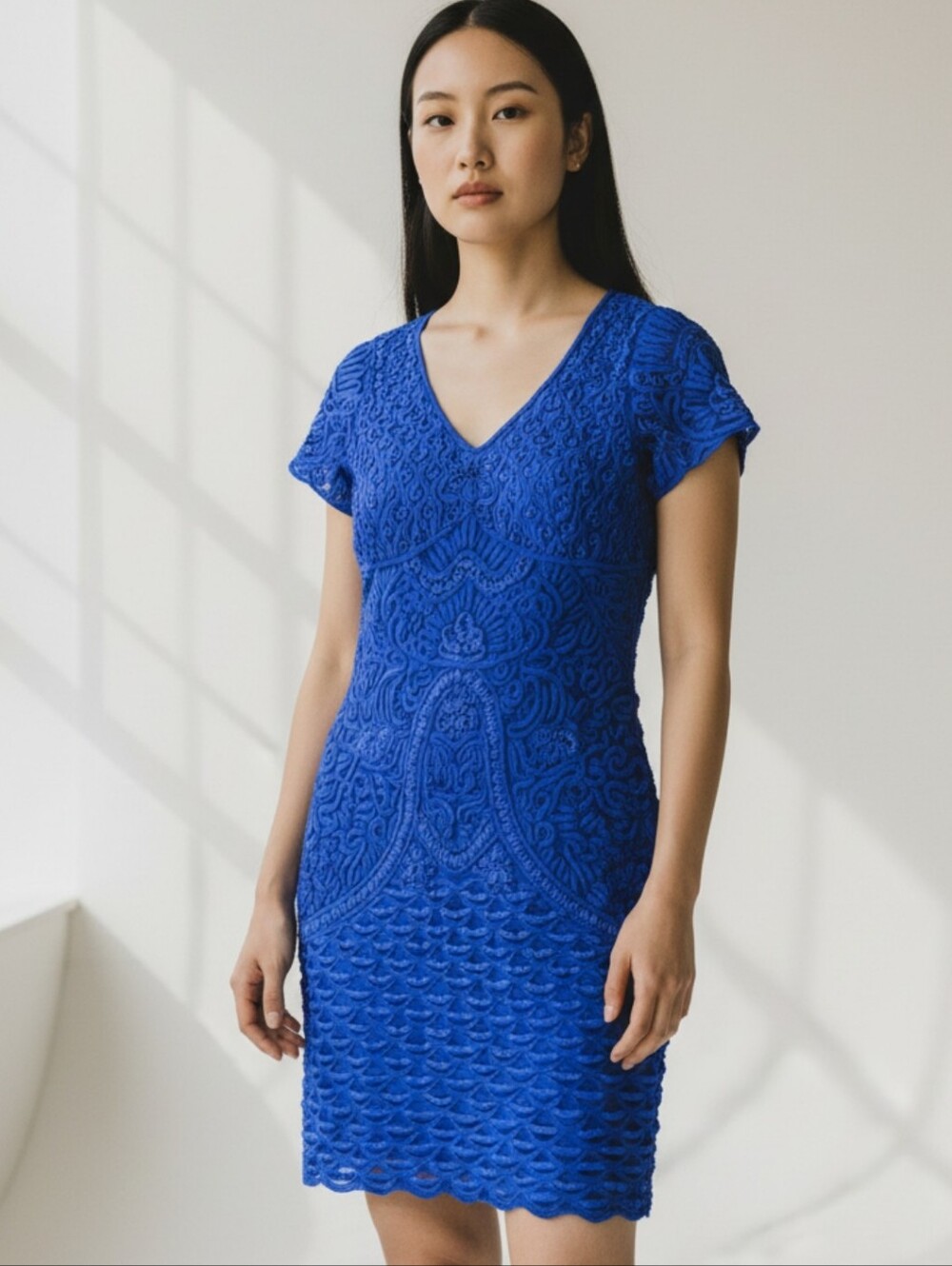 Sue Wong Cobalt Blue  Embroidered V‑Neck Mini Dress size 0